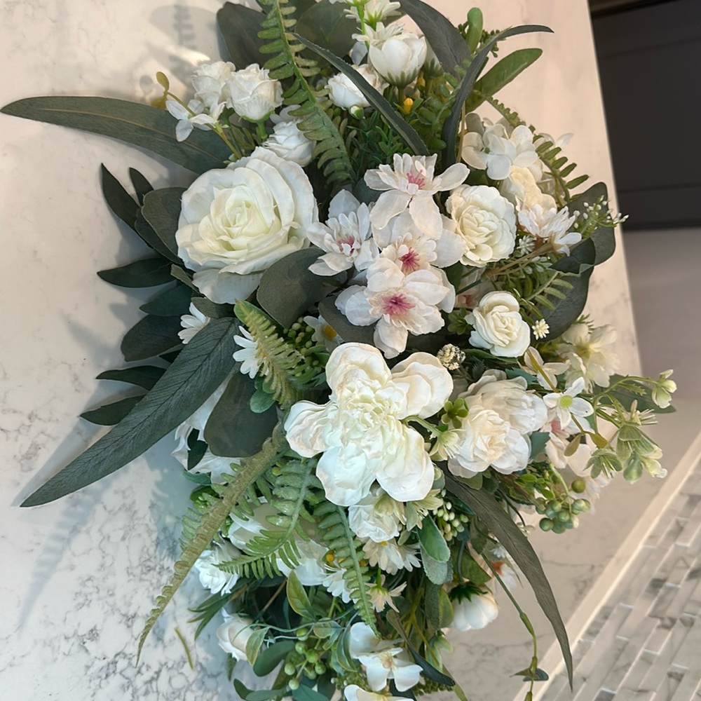 Large faux flower floral wedding party white bouquet